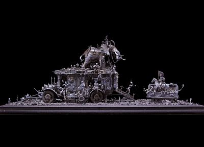 скульптуры, слоны, транспортные средства, Крис Кукси, темный фон - оригинальные обои рабочего стола