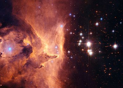космическое пространство, огни, звезды, галактики, оранжевый цвет, туманности, яркий - обои на рабочий стол