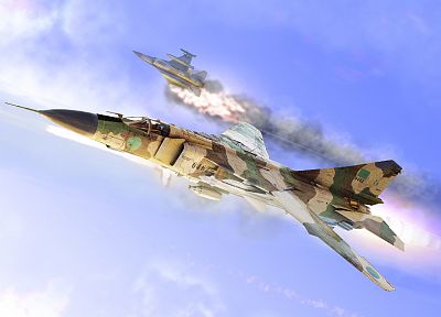 самолет, произведение искусства, Ливия, F- 16 Fighting Falcon, МИГ- 23 - обои на рабочий стол