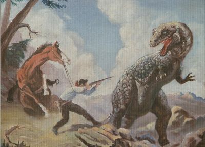 динозавры, охотник, лошади - оригинальные обои рабочего стола
