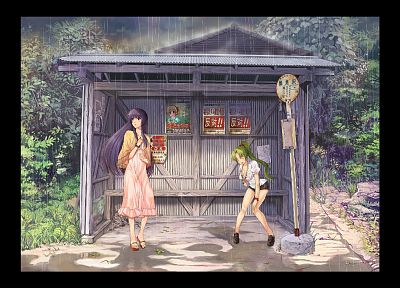 дождь, влажный, Не Higurashi не паки Коро Ni, длинные волосы, синие волосы, зеленые волосы, Furude Рика, Ходзе Сатоко - случайные обои для рабочего стола