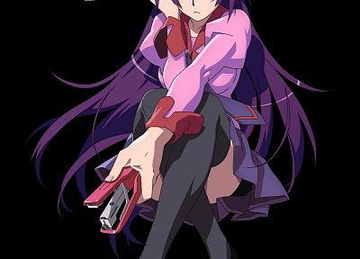 школьная форма, Bakemonogatari (Истории монстров), фиолетовые волосы, Сендзегахара Hitagi, ножи, простой фон, степлеры, темный фон - обои на рабочий стол