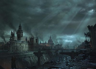 синий, облака, города, Лондон, разрушение, здания, Биг-Бен - обои на рабочий стол
