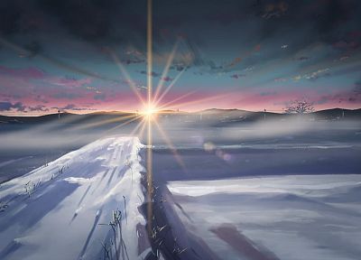 зима, снег, Макото Синкай, солнечный свет, 5 сантиметров в секунду - оригинальные обои рабочего стола