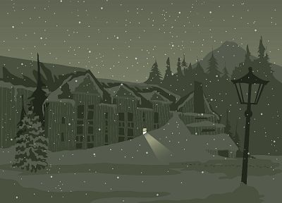 снег, ночь, здания, фонарные столбы - оригинальные обои рабочего стола