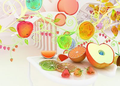 фрукты, компьютерная графика, апельсины, клубника, хроматической, яблоки, К3 Студия - случайные обои для рабочего стола