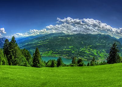 горы, облака, пейзажи, деревья, трава, города, Озеро Люцерн - оригинальные обои рабочего стола