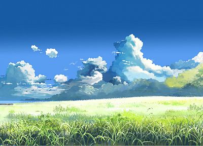 облака, Макото Синкай, живописный, Место Обещали в наших ранних дней, голубое небо - оригинальные обои рабочего стола