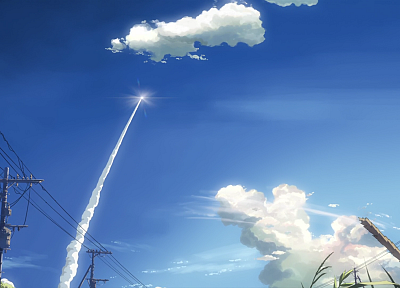 облака, Макото Синкай, линии электропередач, 5 сантиметров в секунду, инверсионных, небо, низкий угол выстрел, небеса - оригинальные обои рабочего стола