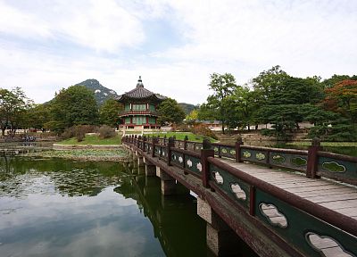 пейзажи, деревья, архитектура, мосты, Корея, озера, отражения - похожие обои для рабочего стола