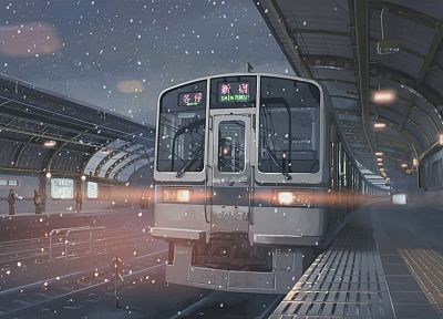 снег, поезда, Макото Синкай, вокзалы, Синдзюку, 5 сантиметров в секунду, произведение искусства, транспортные средства, подробный - похожие обои для рабочего стола