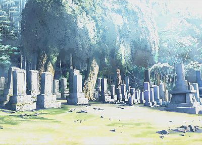 деревья, Макото Синкай, живописный, Место Обещали в наших ранних дней, кладбище - обои на рабочий стол
