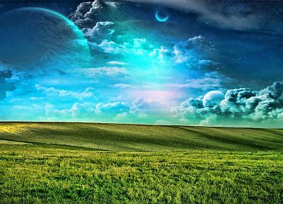 облака, планеты, трава - оригинальные обои рабочего стола