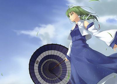 видеоигры, Тохо, длинные волосы, Мико, зеленые волосы, зонтики, Kochiya САНАЕ, небо, японская одежда, отдельные рукава, Rokuwata Томоэ - обои на рабочий стол
