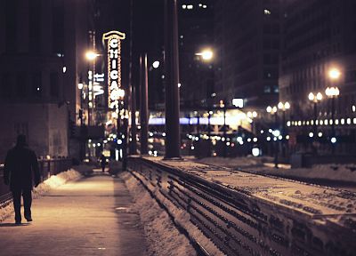 снег, улицы, Чикаго, ходить, уличные фонари - обои на рабочий стол