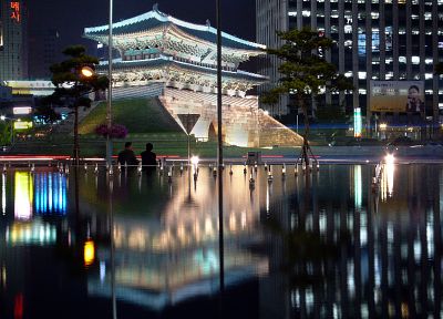 города, огни, азиатской архитектуры, Сеул, отражения, Южная Корея - обои на рабочий стол