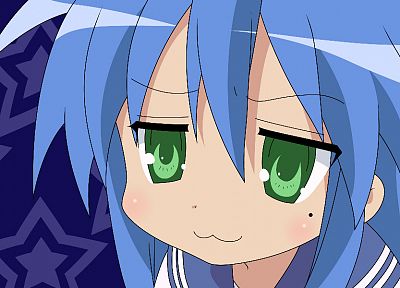 Счастливая Звезда (Лаки Стар), школьная форма, синие волосы, зеленые глаза, Izumi Konata, лица, морская форма - обои на рабочий стол