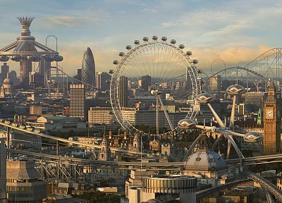 города, подделка, компьютерная графика, Лондон, London Eye, Биг-Бен, города будущего, фото манипуляции, американские горки - похожие обои для рабочего стола