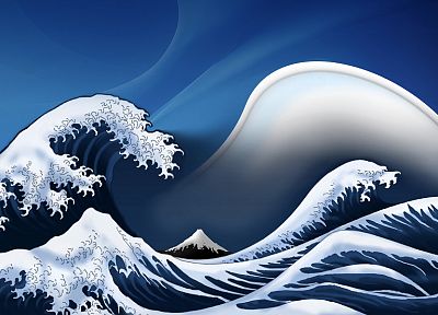 волны, цифровое искусство, произведение искусства, Большая волна в Канагава - обои на рабочий стол