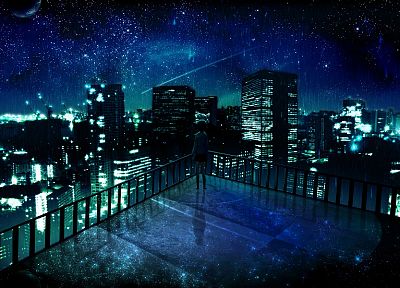 космическое пространство, города, ночь, звезды, балкон, здания, одиноко, городские огни, произведение искусства, манга, ночные пейзажи - похожие обои для рабочего стола