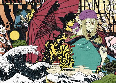 произведение искусства, аниме, зонтики, розы, Мононоке, Большая волна в Канагава - копия обоев рабочего стола