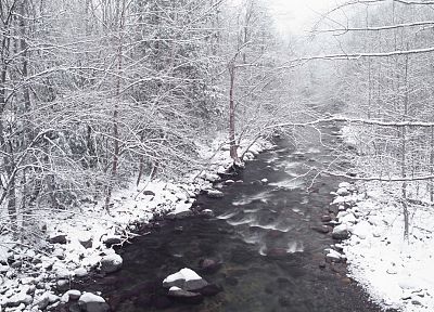 зима, снег, леса, потоки - оригинальные обои рабочего стола