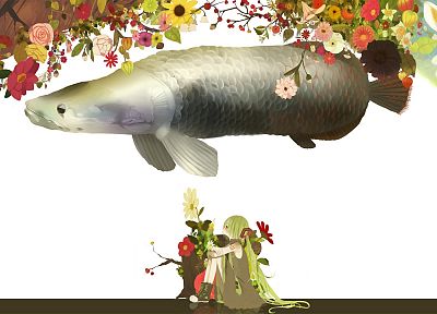 Вокалоид, цветы, Мику Хацунэ, рыба, хвостики - обои на рабочий стол