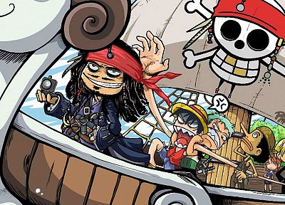 One Piece ( аниме ), Roronoa Зоро, Пираты Карибского моря, кроссоверы, Капитан Джек Воробей, фан-арт, Обезьяна D Луффи, Нами ( One Piece ), Санджи ( One Piece ) - обои на рабочий стол