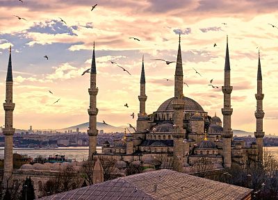 закат, район, Турция, Стамбул, Голубая мечеть, Султанахмет - обои на рабочий стол