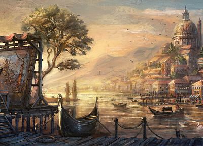 картины, дома, лебеди, лестницы, лодки, Венеция, гондолы, Anno 1404, фоторамка - обои на рабочий стол